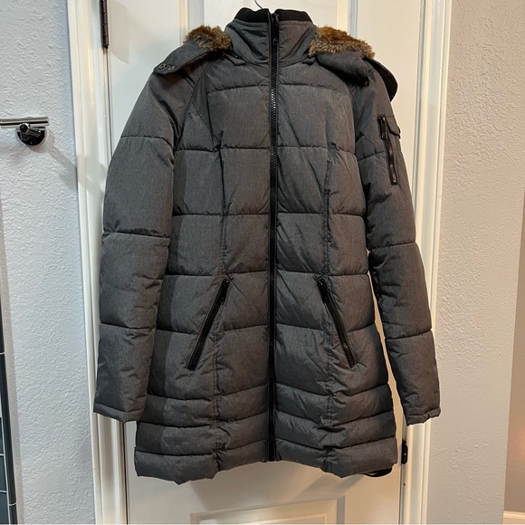 HFX Nolan Womens Puffer Jacket Coat Faux Fur Gray Grey Small Removable Hood - Picture 1 of 6